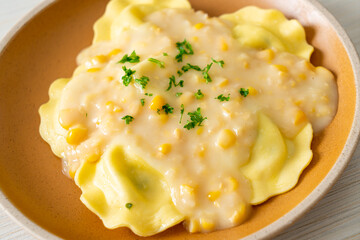 ravioli pasta with corn cheese sauce