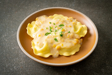 ravioli pasta with corn cheese sauce
