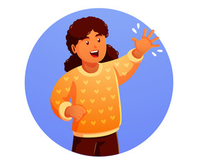 happy kids raising and waving hands greeting 