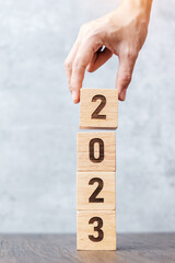 2023 year block on table. goal, Resolution, strategy, plan,, start, budget, mission, action,...