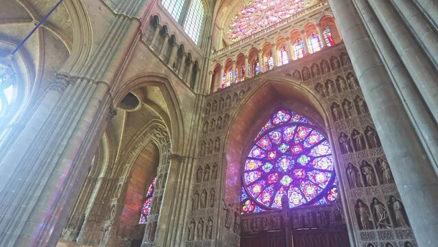  Interior of the Cathedral of Notre-Dame de Reims, listed as a UNESCO World Heritage Site and is the main attraction of the city, France. . High quality 4k footage