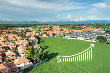 Naklejka premium Land value in aerial view consist of landscape of green field or agriculture farm, house building, growth graph of rate market price for agent, realtor, investor to sale, buy, mortgage and investment.