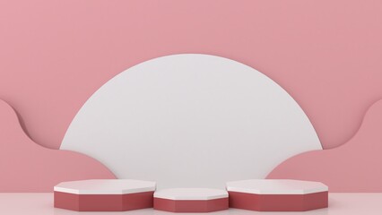 red geometry podium products display minimal mockup 3d render. front view red room, white background podium shape geometric. stand show cosmetic product. Stage showcase on pedestal podium.