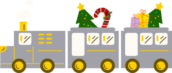 Christmas Train. Garlands, flags, labels, bubbles, ribbons and stickers. Collection of Merry Christmas decorative icons