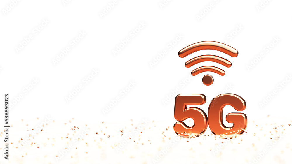Poster 3d bronze 5g text with abstract lighting lines against background and copy space.