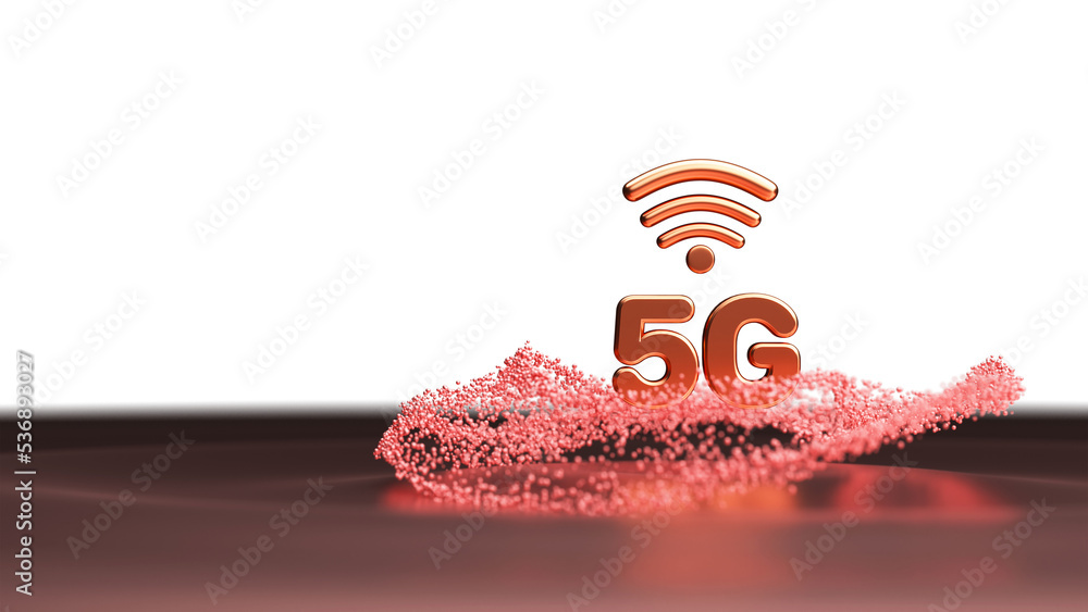 Poster 3d bronze 5g text with abstract particle balls and copy space.