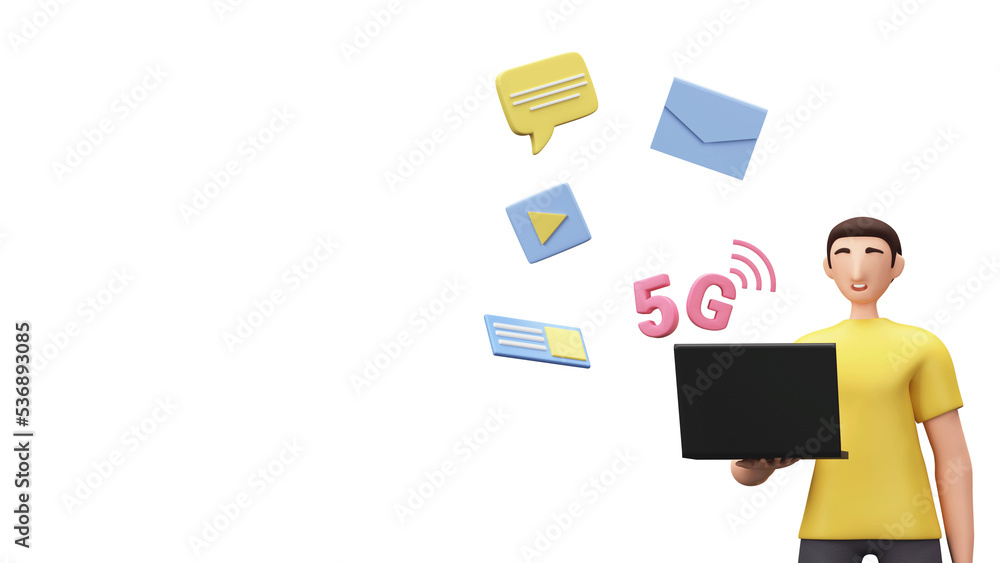 Aufkleber 3d render of young man using 5g network in laptop against background for high speed network.