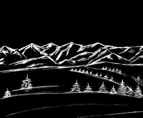 On a black background, a landscape with white mountains and Christmas trees