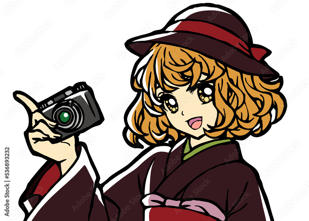 Wall mural Illustration of a Kimono Girl Holding a Camera	