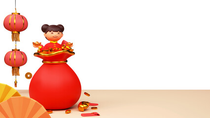 3D Chinese Girl Holding Ingot With Traditional Lanterns Hang, Envelope, Treasure Sack, Paper Fans And Copy Space.