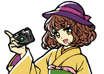 Illustration of a Kimono Girl Holding a Camera