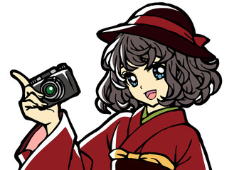 Illustration of a Kimono Girl Holding a Camera	