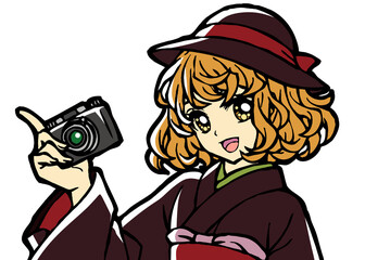 Illustration of a Kimono Girl Holding a Camera	