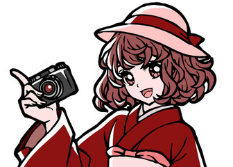 Illustration of a Kimono Girl Holding a Camera	