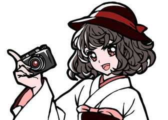 Illustration of a Kimono Girl Holding a Camera	
