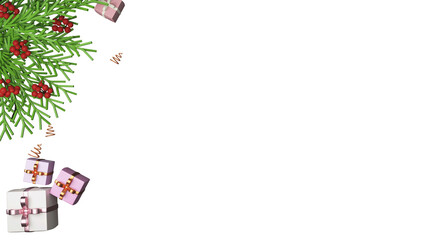 Top View Of 3D Gift Boxes With Fir Leaves, Berries, Curl Ribbons And Copy Space.