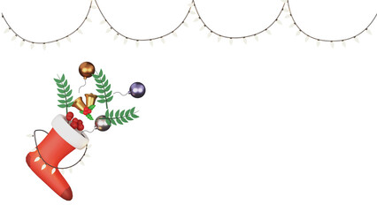 3D Render Of Santa Sock With Golden Jingle Bells, Berries, Leaves, Baubles, Lighting Garland Decorated Background And Copy Space.