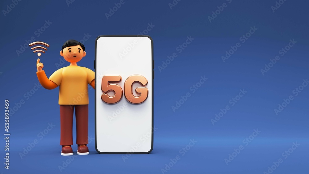 Poster 3d render of young man showing wifi symbol with 5g text over smartphone screen on blue background an