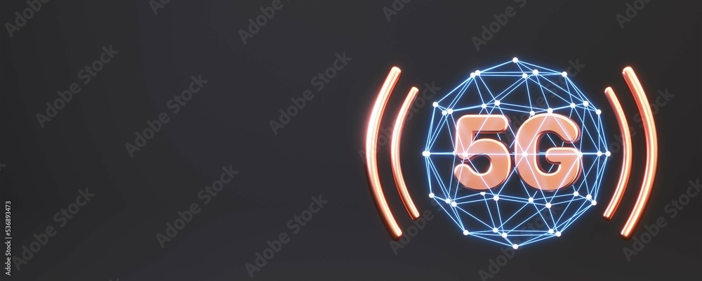 Poster 3d bronze 5g text inside digital lines global on black background and copy space.