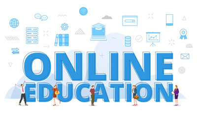 online education concept with big words and people surrounded by related icon spreading with modern blue color style