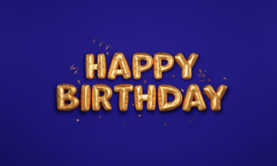 Golden Foil Happy Birthday Font With Confetti On Blue Background.