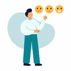Fototapeta na wymiar Man evaluates quality of service. Customer feedback. Performance appraisal. Choose between cheerful and sad smile. Employee rating.