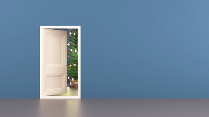 3D Render Of Open Door With Christmas Tree, Gift Boxes And Copy Space On Blue Background.