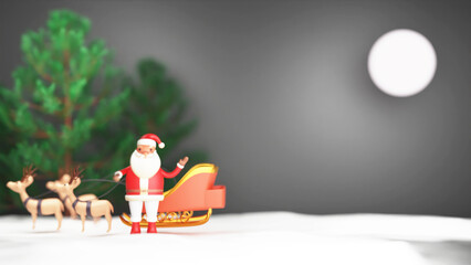 Obraz na płótnie Canvas 3D Render Of Santa Claus Standing With Reindeer Sleigh, Spruce Tree And Copy Space On Full Moon Snowy Gray Background.