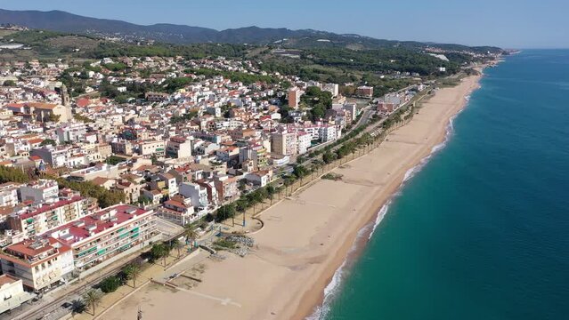 Drone picture over Costa Brava coastal and Mediterranean sea, village Canet de Mar, Spain