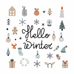 Lettering hello winter. New Year and Christmas. Set of doodle icons.
