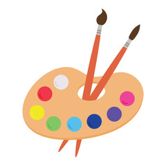 Painting supplies, color palettes, colorful tubes, watercolors, oil paints, acrylic paints.