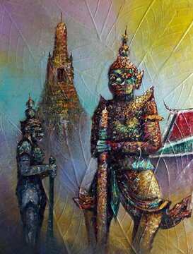  art oil painting  giant guardians  grand Palace bangkok Thailand , Ramayana story  