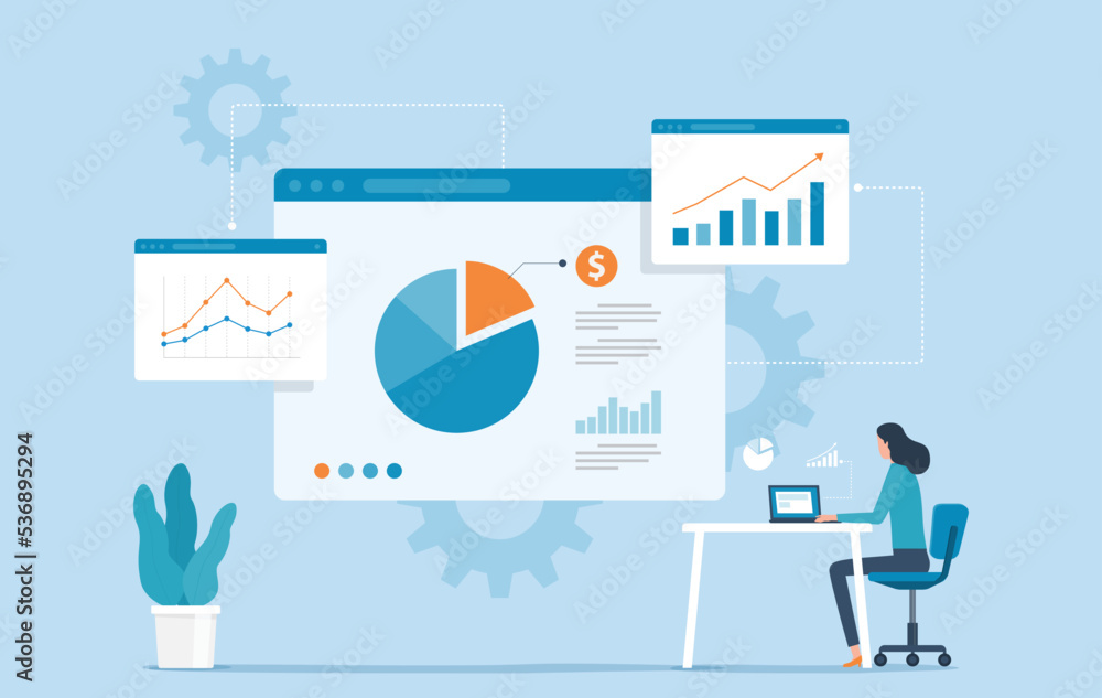 Aufkleber flat business people working analytics data report and monitoring finance investment graph for busin