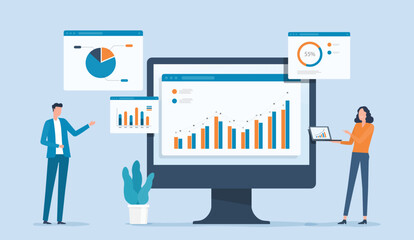 business people team meeting for analytics and monitoring data on web report dashboard concept and flat vector illustration design data analytics research for business finance planning.
