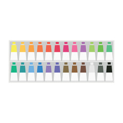Painting supplies, color palettes, colorful tubes, watercolors, oil paints, acrylic paints.