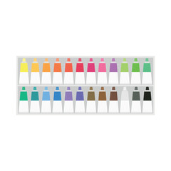 Painting supplies, color palettes, colorful tubes, watercolors, oil paints, acrylic paints.
