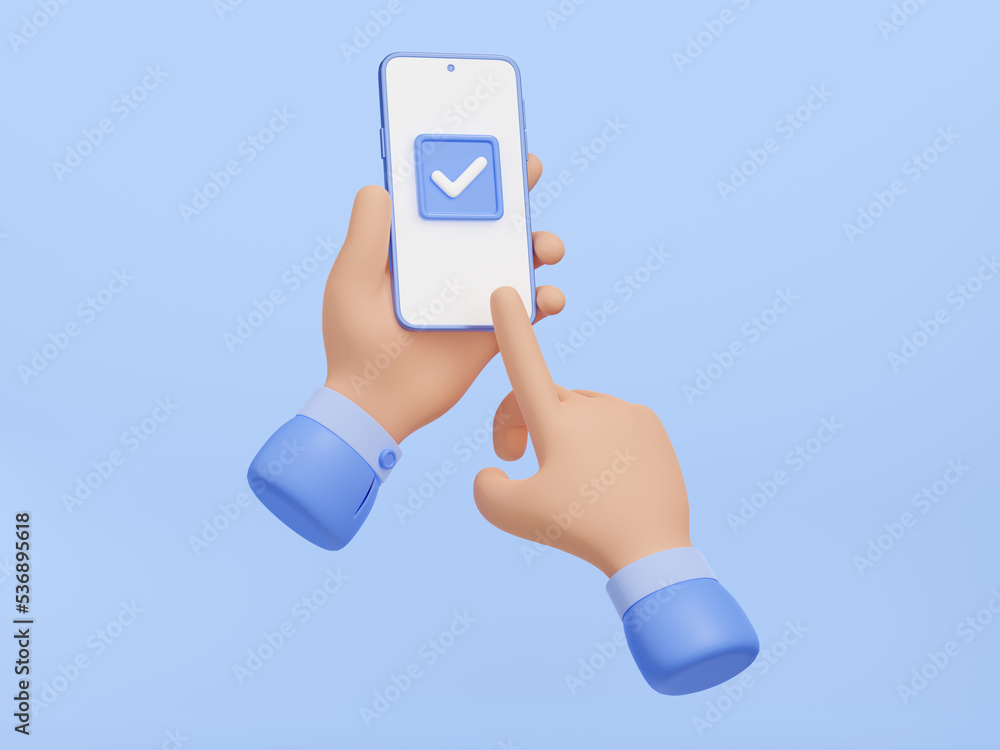 Aufkleber hands hold mobile phone and click on checkmark on screen. concept of success, done, correct choice. 