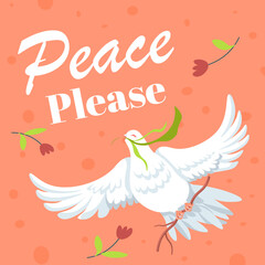 Peace please, flying white dove with branch flower