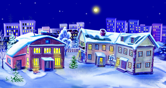 Winter night in a city illustration