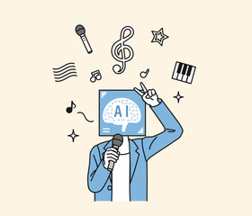 AIが音楽の作詞と作曲をする擬人化イメージイラスト