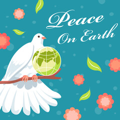 Fototapeta na wymiar Peace on earth, dove with planet sitting on twig