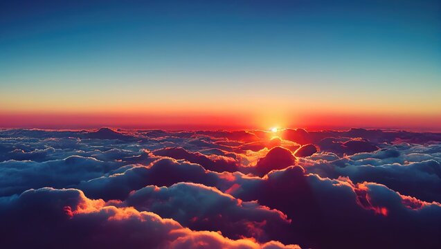 Over the clouds airplane view, cloudscape with sunlight rays at the colorful sunset