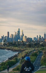 Vertical shot of Melbourne skyline across the water, Australia