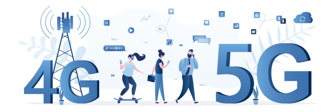 Group of users go from technology 4g to high-speed 5g. A new generation of networks with fast internet. Wireless communication at high speeds. People uses smart gadgets.