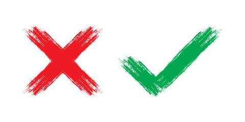 Two dirty grunge hand drawn with brush strokes cross x and check mark on. Check boxes for NO and YES buttons to vote in checkbox, list, online. design isolated on white background.