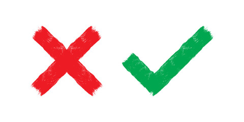 Obraz premium Two grunge hand drawn brush strokes - cross x and check mark on. Check boxes for NO and YES buttons to vote in checkbox, list, online. Agreement and disagreement symbol isolated on white.