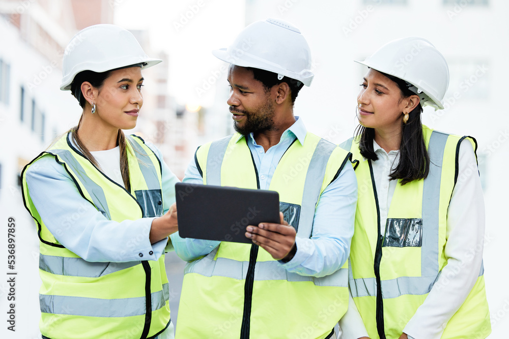 Poster teamwork, construction workers and digital tablet by team collaboration on building project at const