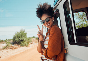 Travel, van and woman with peace hand sign on road trip in Mexico, happy, relax and smile. Summer,...