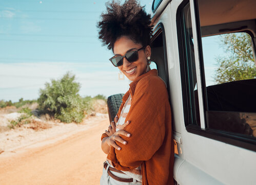 Travel, freedom and road trip by woman on a break in the countryside, smiling while enjoying the view of Mexico. Summer, van and black woman relax in nature, looking proud on a solo adventure