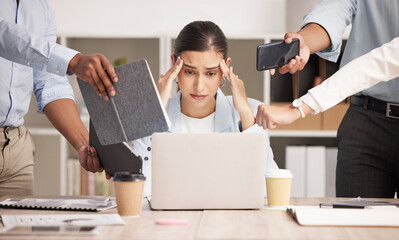 Stress, anxiety and multitasking business woman with headache from workload and laptop deadline in office. Burnout, frustration and overwhelmed lady exhausted, procrastination in toxic workplace - obrazy, fototapety, plakaty